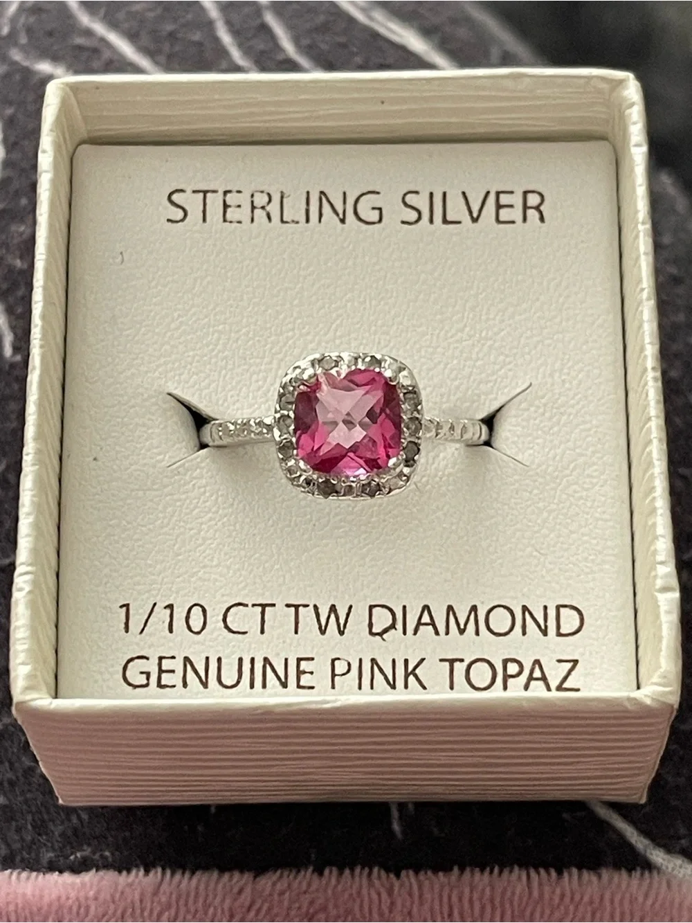 Sterling Silver 1/10 CT Diamond Genuine Pink Topaz Halo Ring